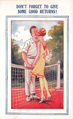 MAN WOMAN TENNIS COURT GIVE GOOD RETURNS BAMFORTH TENNIS COMIC POSTCARD 081125 U