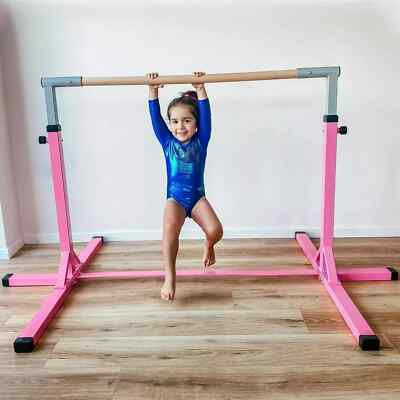 Adjustable Kids Gymnastics Bar Horizontal Training Steel Frame Wood Pink  UK