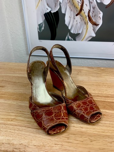 Womens PRADA Crocodile Brown Sling Back Heels US 6 EU 36 Wedge Open Toe Sandals - Afbeelding 3 van 10