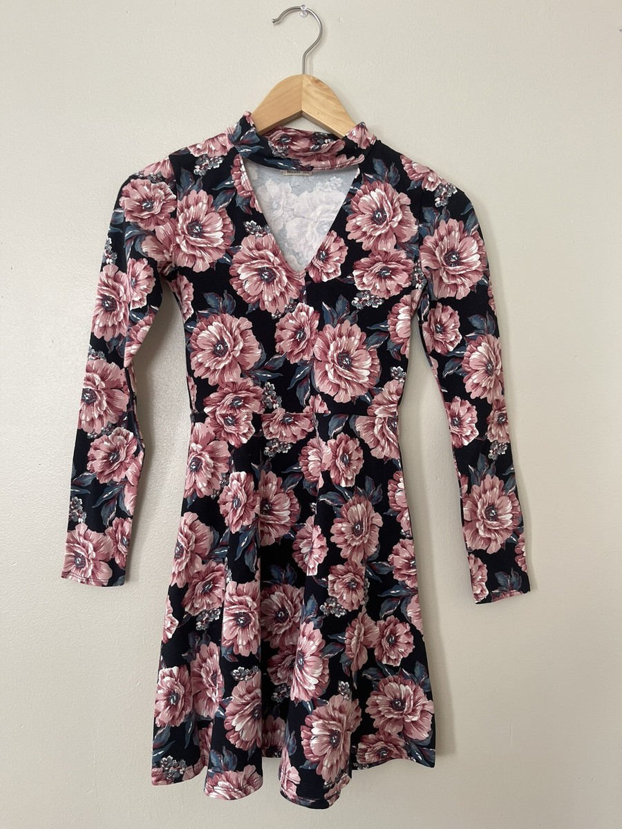HOLLISTER Floral Pink Long Sleeve Stretch Flare Skirt Mini Dress XS