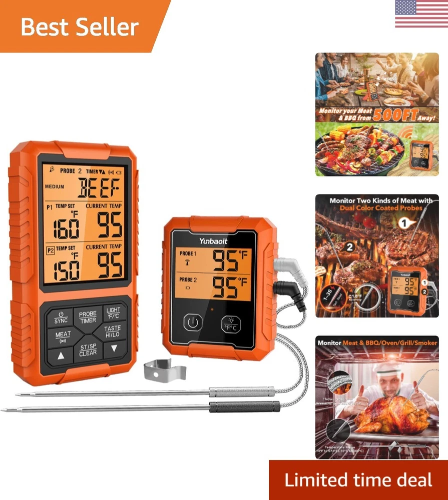 Digital Meat Thermometer - Wireless, Remote Range of 500FT, Dual Probes