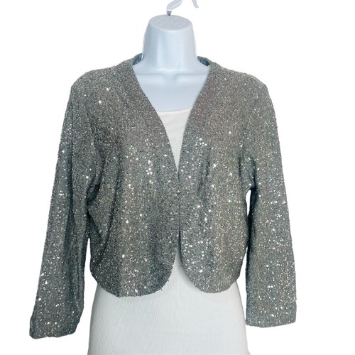 Oscar de la Renta Silber Seide Pailletten offen Bolero Pullover Shrug XL Old Money