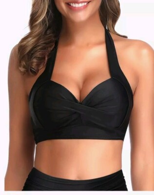 Tempt Me Push Up Swim Halter Bikini Retro Bathing Suit Top Padded- Black Size- L