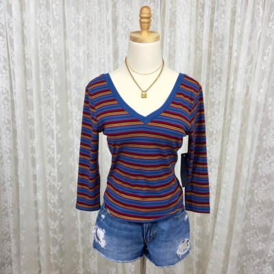 Y2K Kontrol Retro Striped V Neck Ribbed Top Women's Medium NWT 3/4 Sleeve Blue