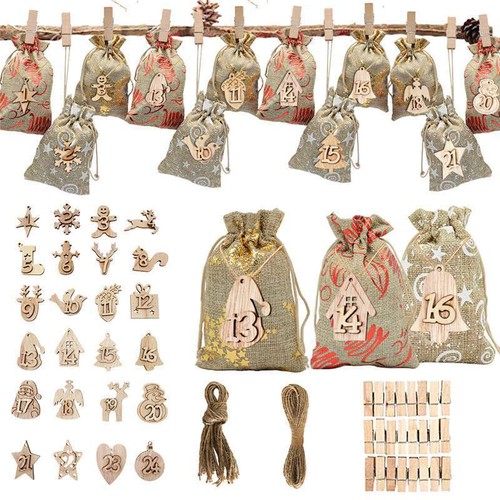Countdown Hanging Gift Calendar 24PCS Sacks Pouch Bag Christmas Advent - Picture 2 of 9