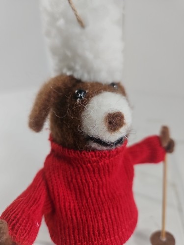 Pottery Barn "Daredevil Dog" On Skis W/Poles Christmas Tree Ornament Felted Wool - Picture 4 of 11