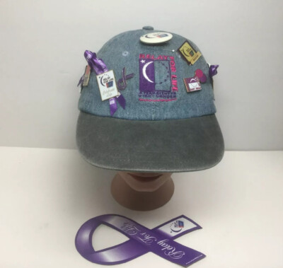 Relay For Life Denim Baseball hat With 9 Pins with Purple Ribbon strap back