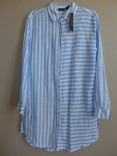 TAHARI Beachwear Striped Linen Blend Button-Up Long Sleeve Shirt Dress Size S