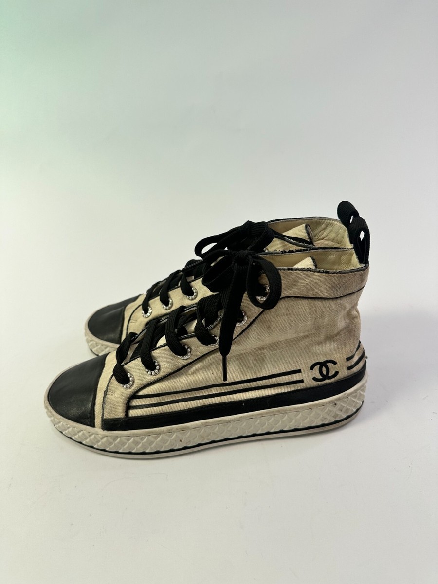 Chanel Beige/Black Jute and Leather CC Cap Toe High Top Sneakers