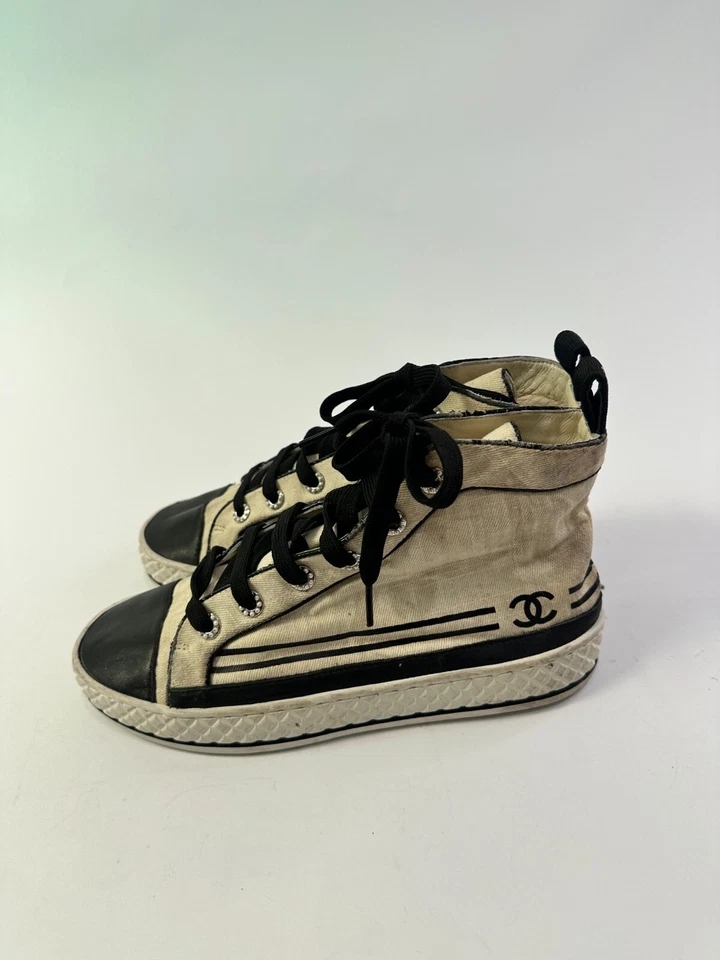 Chanel бежевый/черный джут и кожа CC крышка носок высоты верхний кроссовок размер 38 ЕС - Изображение 4 из 4