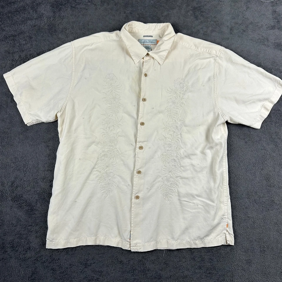 Camisa Hawaiana Quiksilver Para Hombre XL 100% Seda Blanca Marfil Bordada Campamento Surf S Foto 3 de 4