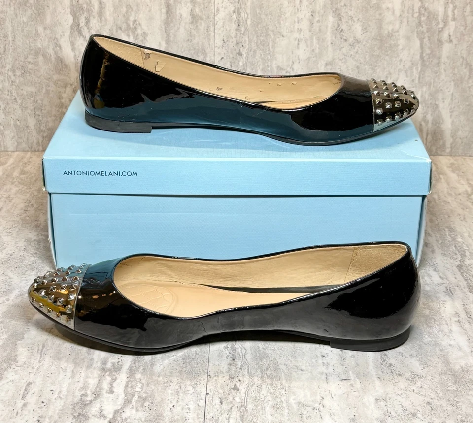 Antonio Melani Milena charol negro plata tachuelas sin cordones planos 10M Foto 2 de 4