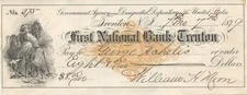 Bank Check Trenton NJ First National Bank farmer with horse & dog vignette 1879