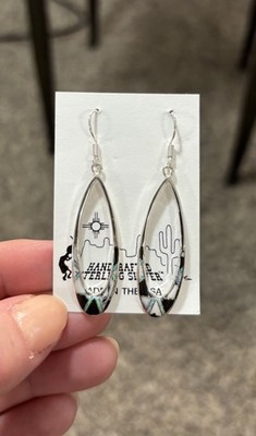 Handmade Native American Sterling White Buffalo Opal Inlay Drop Earrings Signed