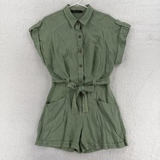 Zara Romper Womens Medium Green Button Front Short Sleeve Belted Utility Casual