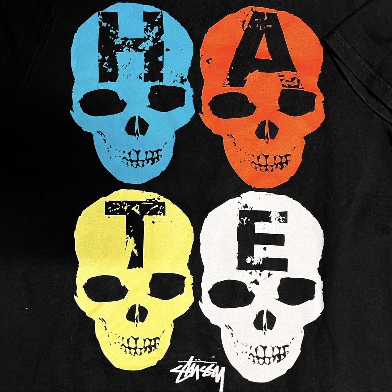 Vintage y2k stussy love hate skull Skeleton T Shirt Tee Top  Medium  Black image 3