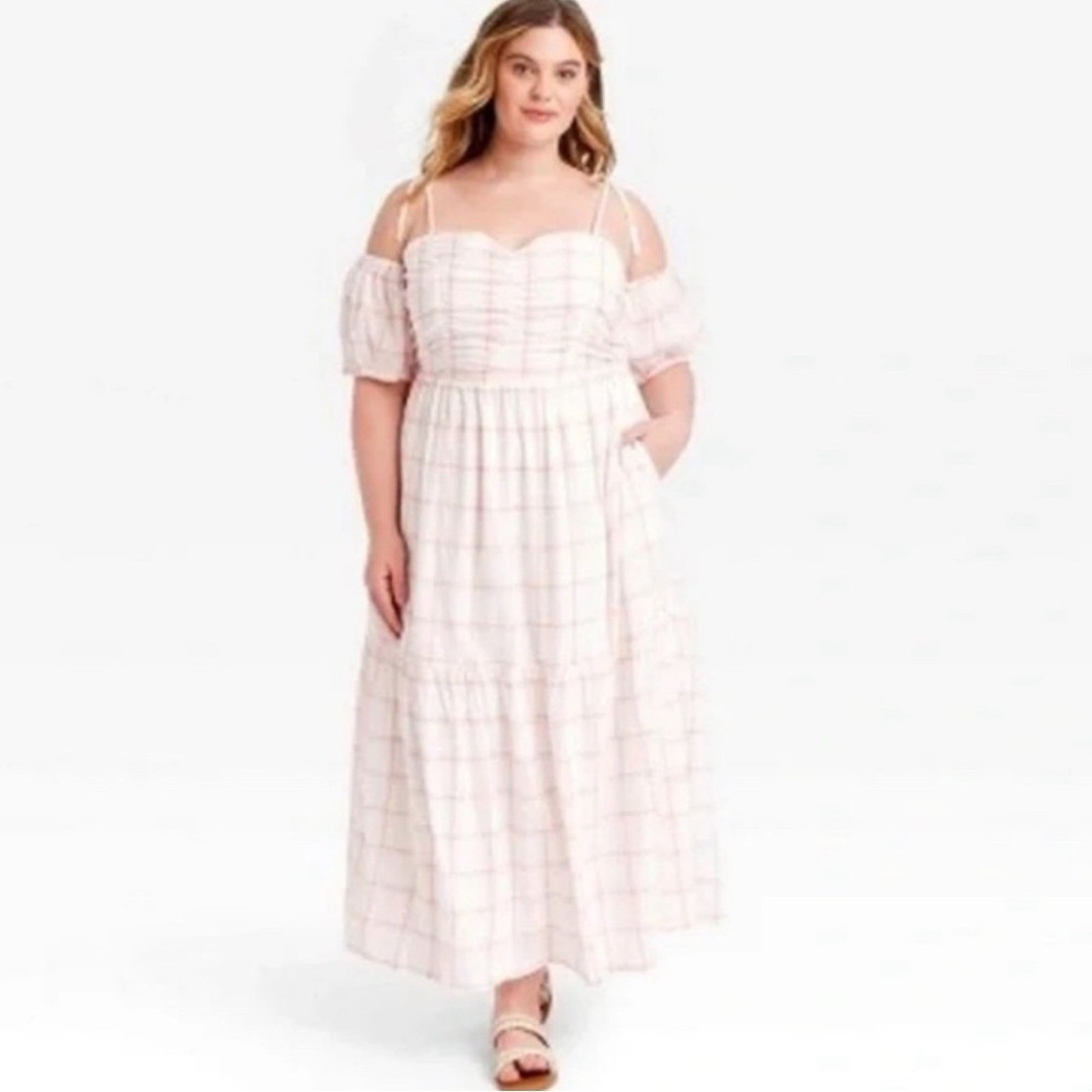 Universal Thread windowpane off the shoulder maxi… - image 1
