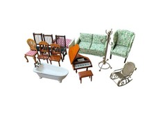 Lot Of Vintage Antique Dollhouse Miniature Furniture Brass, Wood, Ceramic