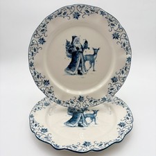 Set of 2 Vintage Retro Santa Claus Deer Christmas Plates Blue White Scalloped