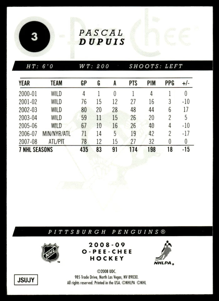 2008-09 O-Pee-Chee Gold Pascal Dupuis Pittsburgh Penguins #3 - Image 2 of 2