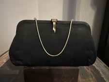 Vintage 1950  s Black Satin Evening Bag with Gold Snake Chain Strap 10.5  x5.5  