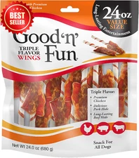 Good N Fun Triple Flavor Wings 24oz Rawhide Dog Treats Chicken Pork Beef