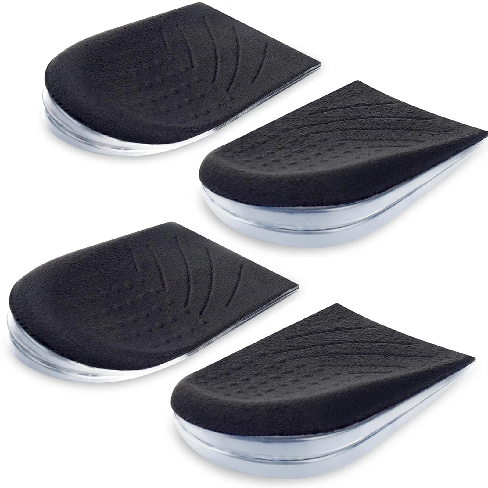 Black heel wedge silicone insoles, 2 pairs, with textured medial and lateral support, silver heel cups, and white midsoles.