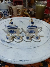 Teapot With 2 Cups Christmas Ornament Ceramic Blue White Flowers Hand Painted
