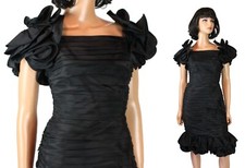 80s Prom Gown XS Vintage Black Taffeta Pleated Ruffled Wiggle Mermaid Dress