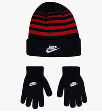 Nike Boys 8/20 Futura Foldover Beanie Hat Glove Set 2 PC Black/University Red