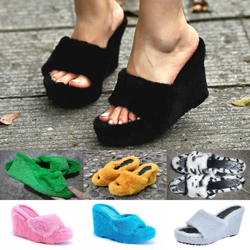 Womens Summer Fluffy Slide Slippers Faux Fur Wedge Platform Beach Shoes Sandals - Picture 3 of 28