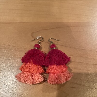 Stud Back Earrings Threaded Dangle Tassel Red/Orange