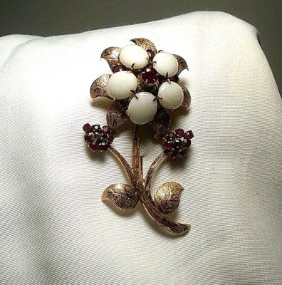 Vintage 14K Gold Fire Opal & Ruby Flower Pin Brooch ~ 60's or Earlier Retro 