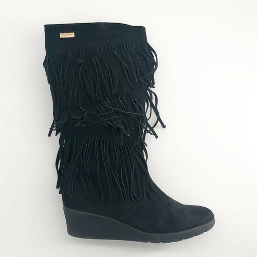 Black Fringe Wedge Boots 