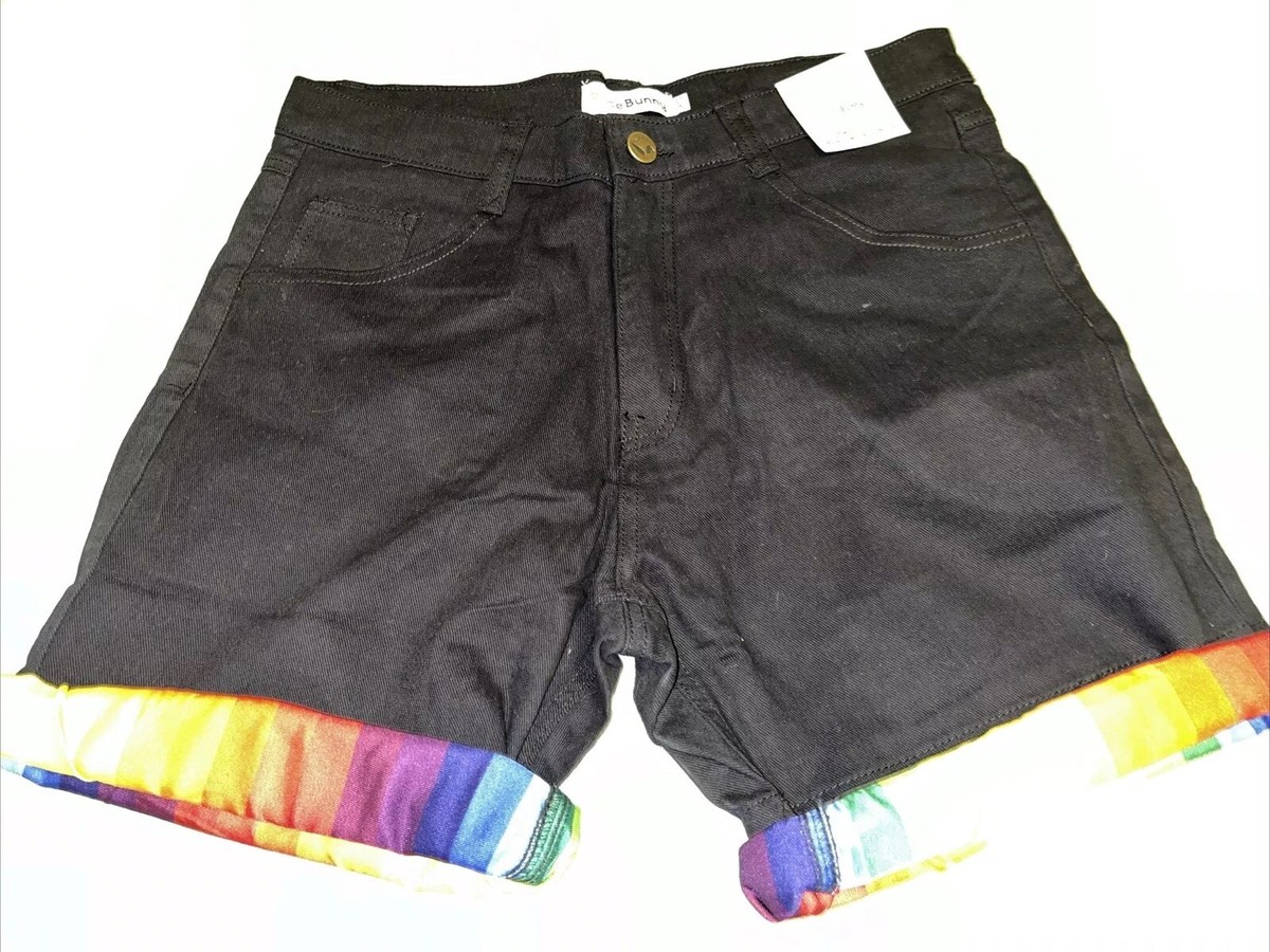 Pride Bunny Shorts Womens 12 Black Denim Shorts Roll Up Rainbow