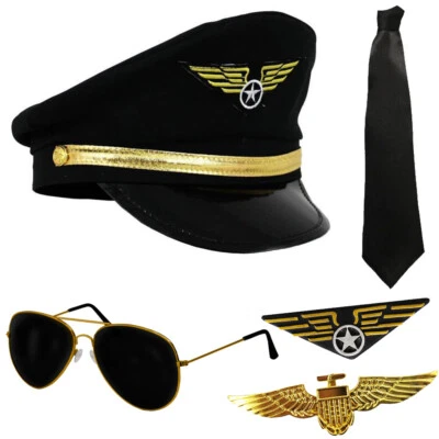 ILOVEFANCYDRESS CAPTAIN PILOT FANCY DRESS COSTUME ACCESSORY HAT AVIATOR GLASSES BADGE TIE 80'S
