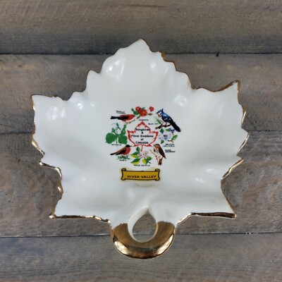 Vintage Canada Gold Trimmed Maple Leaf Dish River Valley Songbirds & Floral Embl