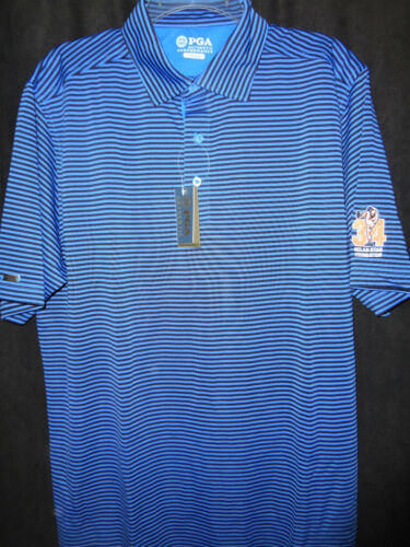 New - PGA Authentic - Nolan Ryan Foundation - Blue/Black Striped Polo Shirt - M - Picture 1 of 4