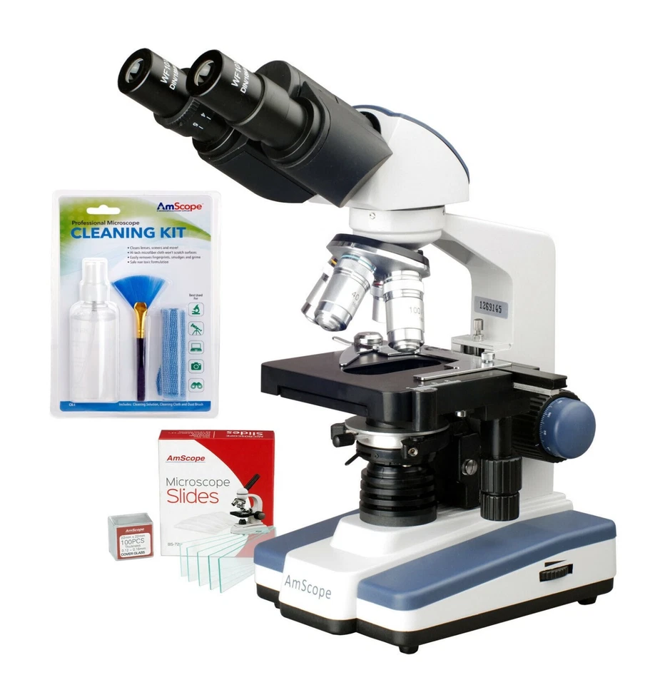 AmScope 40X-2500X Lab Binocular Compound Microscope 3D Stage, slides, clean kit