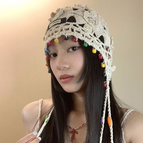 Women's Hollow Out Flower Hollow Tassels Knitted Hat Ethnic Style Hat Girls - Picture 9 of 21