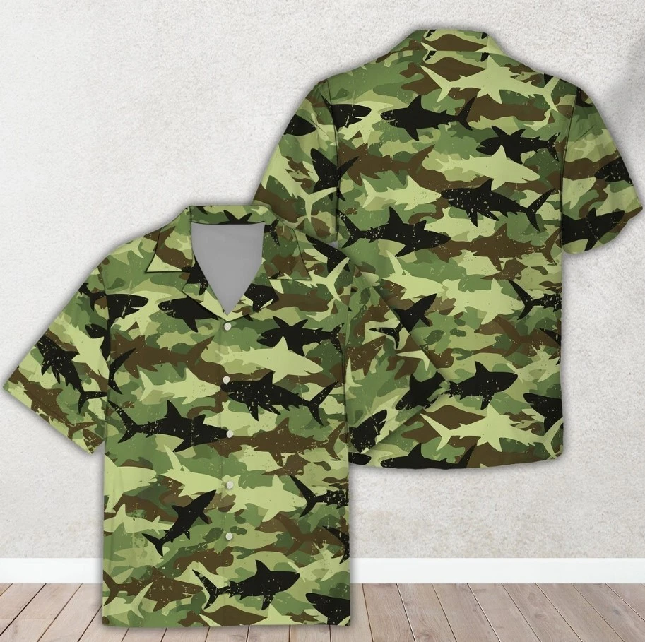 Camouflage Shark Hawaiian Shirt, Unique Camo Fishing Button Down Shirt Military
Opens in a new windo