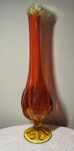 Vintage Fenton Viking Glass 6 Petal Orange Amberina Pedestal Swung Vase 18”x 5”