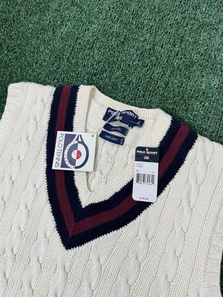 De Colección Años 90 Polo Deporte Ralph Lauren Tenis Suéter Chaleco Tejido a Mano Cable DEADSTOCK XL Foto 2 de 4