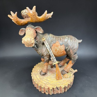 Whimsical Rustic Moose Figurine with Rifle and Bird Nest Cabin Decor Decor VTG