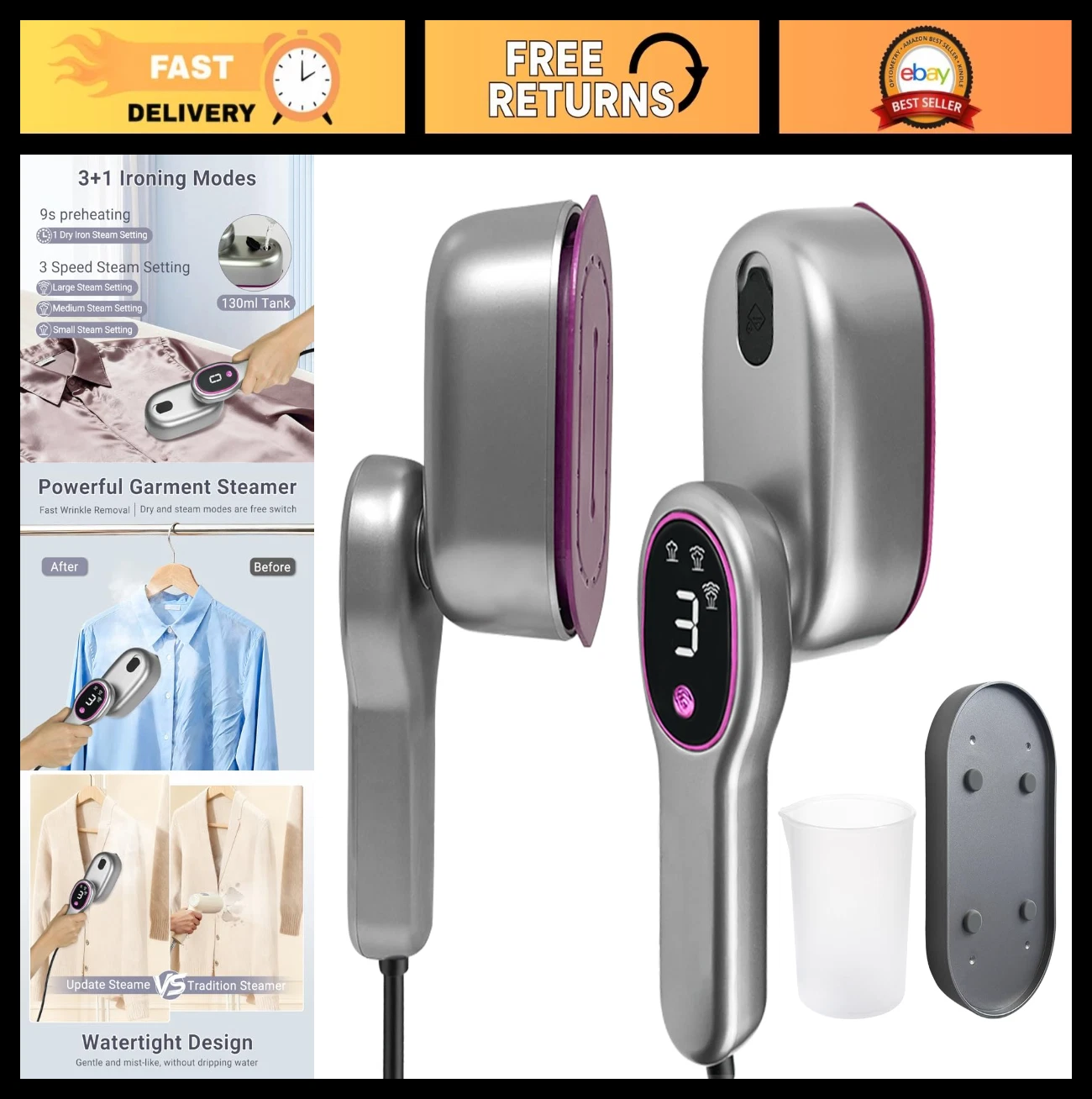Portable Handheld Clothes Steamer, 1200W Fast Heat-Up, 5 Modes, Travel Iron