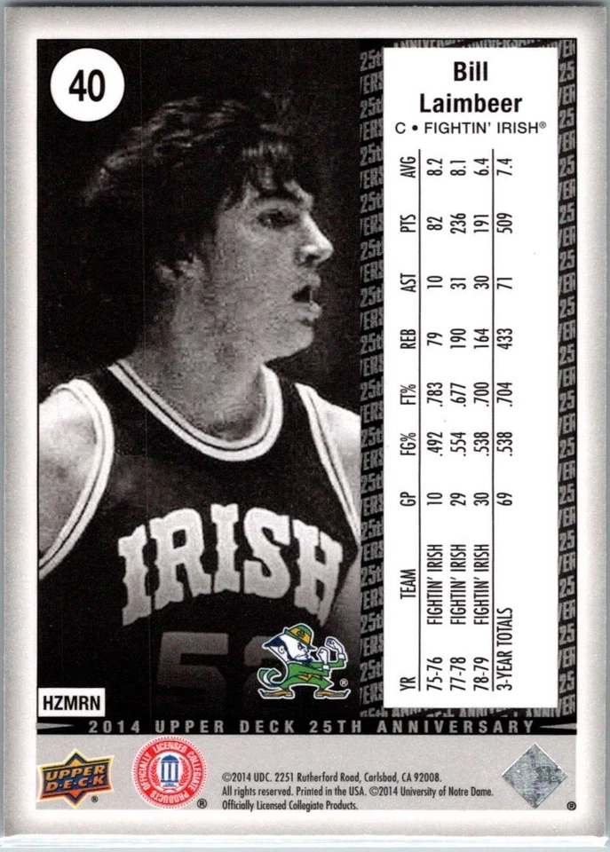 2014 Upper Deck 25th Anniversary - Bill Laimbeer #40 Notre Dame Irish Pistons - Image 2 of 2