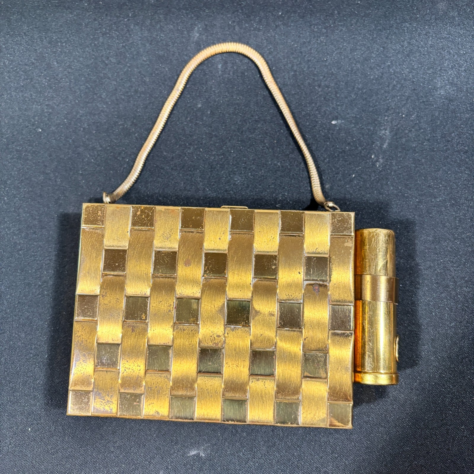Vintage 1950s Gold Basketweave Compact Powder Purse - Attached Lipstick Case