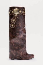 Fashion Nova NIOB 5.5 Hardware Brown Wedge Boots Embellished MSRP $59.99