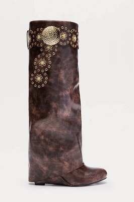 Fashion Nova NIOB 5.5 Hardware Brown Wedge Boots Embellished MSRP $59.99