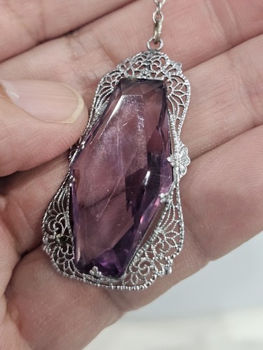 Antique Art Deco Amethyst Glass Faux Pearl Filigree Rhodium Plated Necklace 23" - Picture 4 of 14